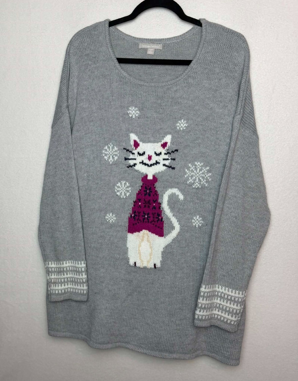 Woman Within Gray Winter Cat Snowflake Sweater Plus Size 22/24 1X Long Sleeve